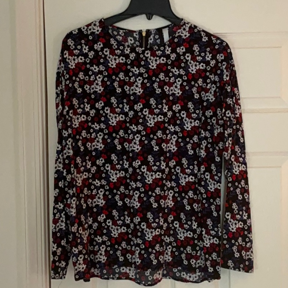 Kensie Black and Pink Long Sleeve Blouse with Peter Pan Collar